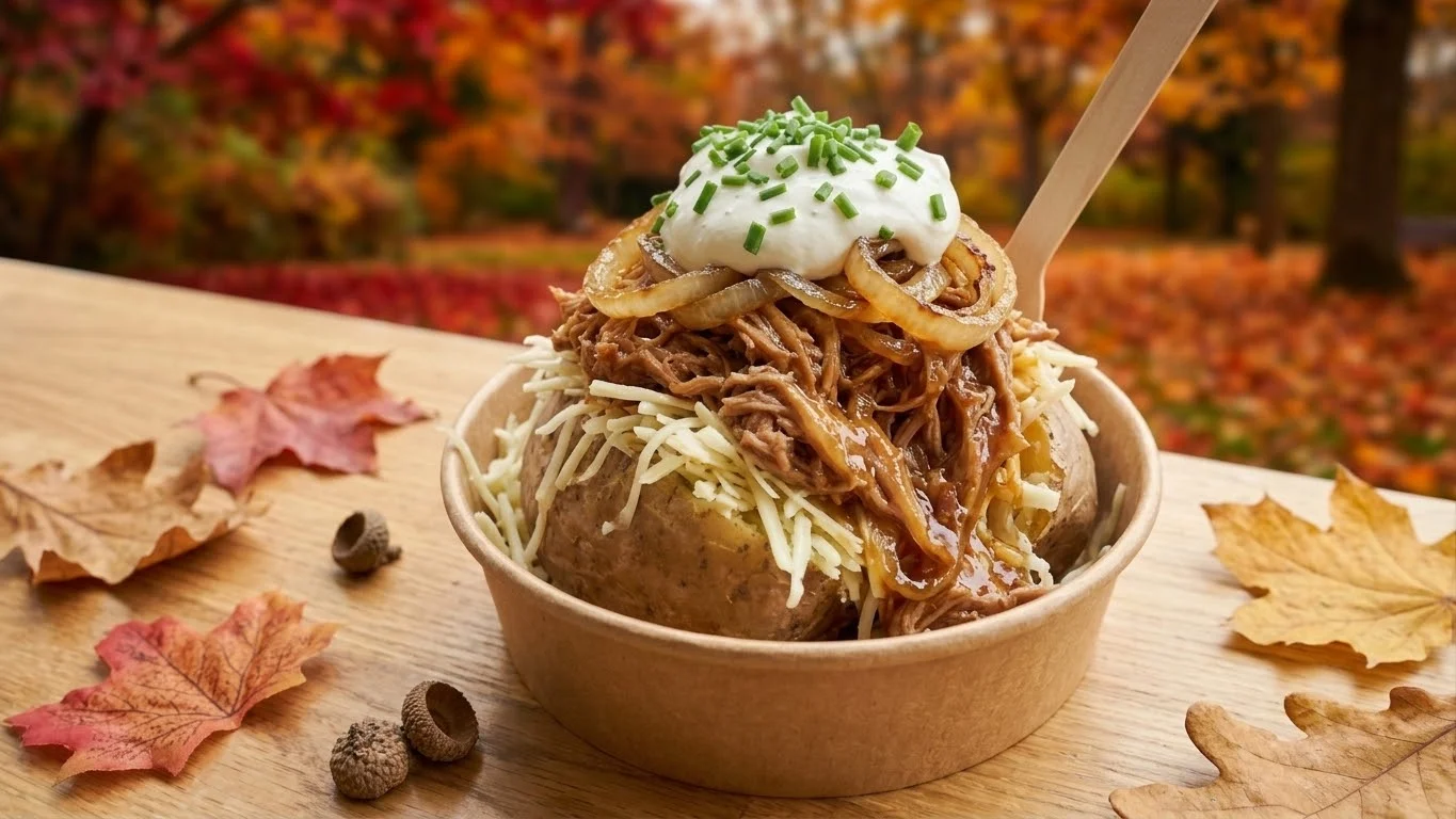 Jacket Potato Ochsenbäckchen Deluxe mit Röstzwiebeln, Käse und Sauerrahm