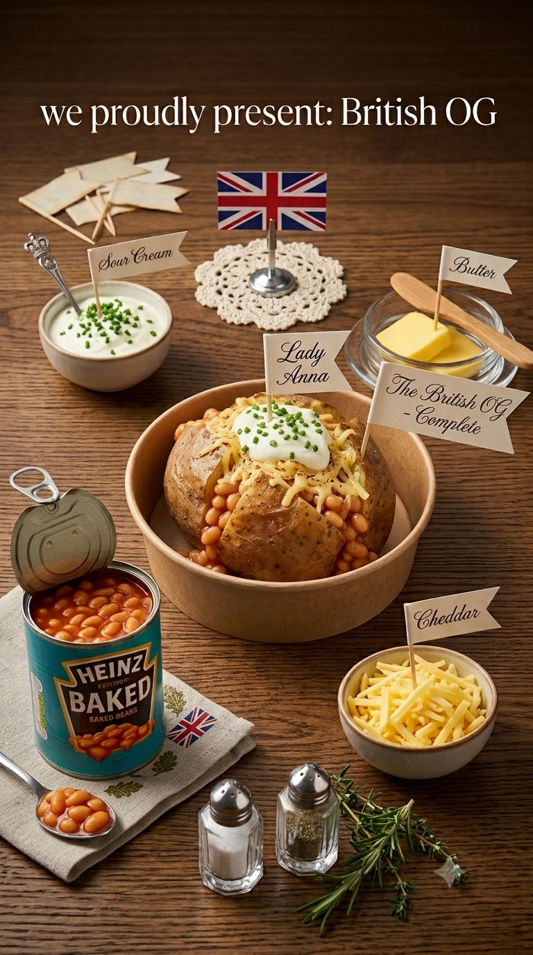 KI-generiertes Konzeptbild: The British OG mit Heinz Baked Beans und Cheddar