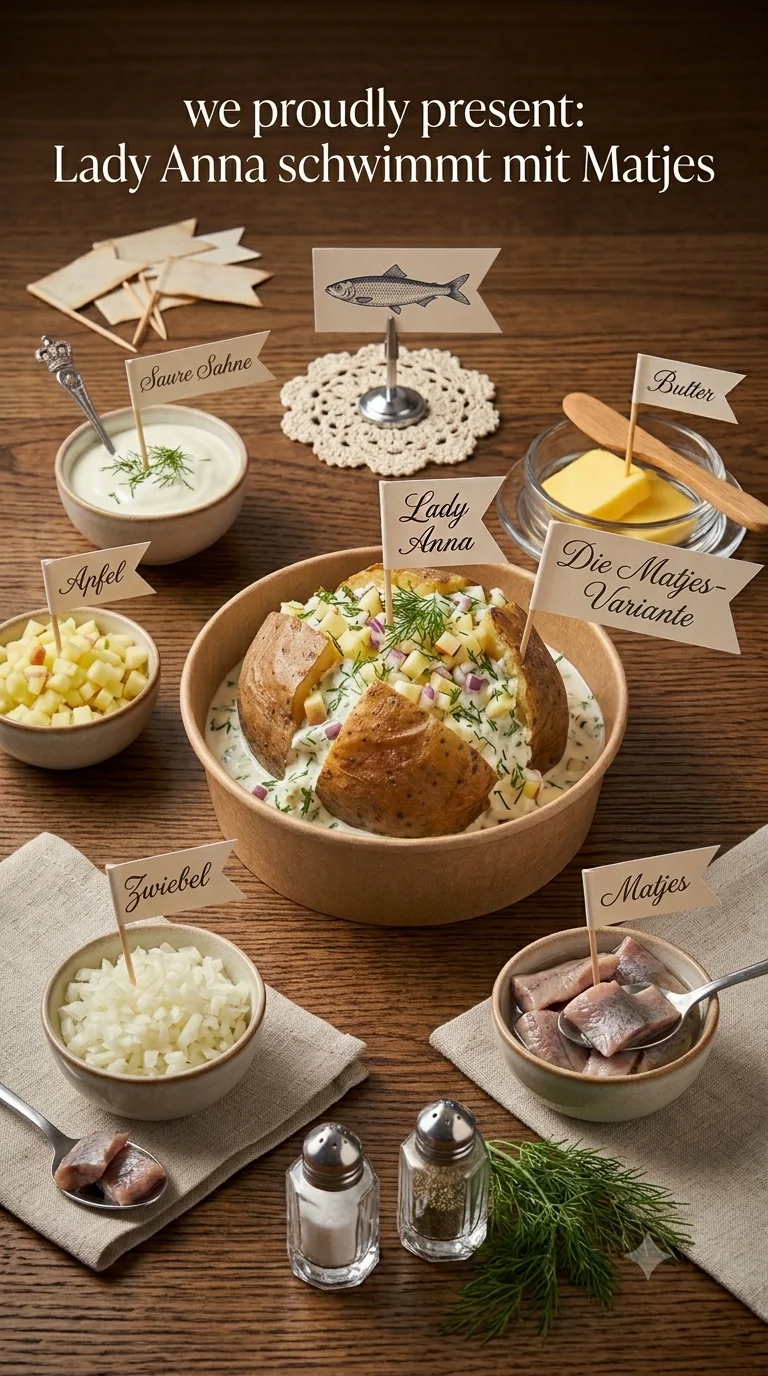 KI-generiertes Konzeptbild: Ofenkartoffel mit Matjes, Apfel und Zwiebel