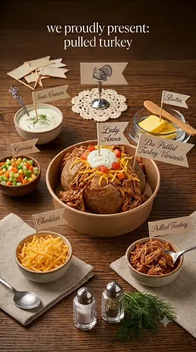 KI-generiertes Konzeptbild: Ofenkartoffel mit Pulled Turkey