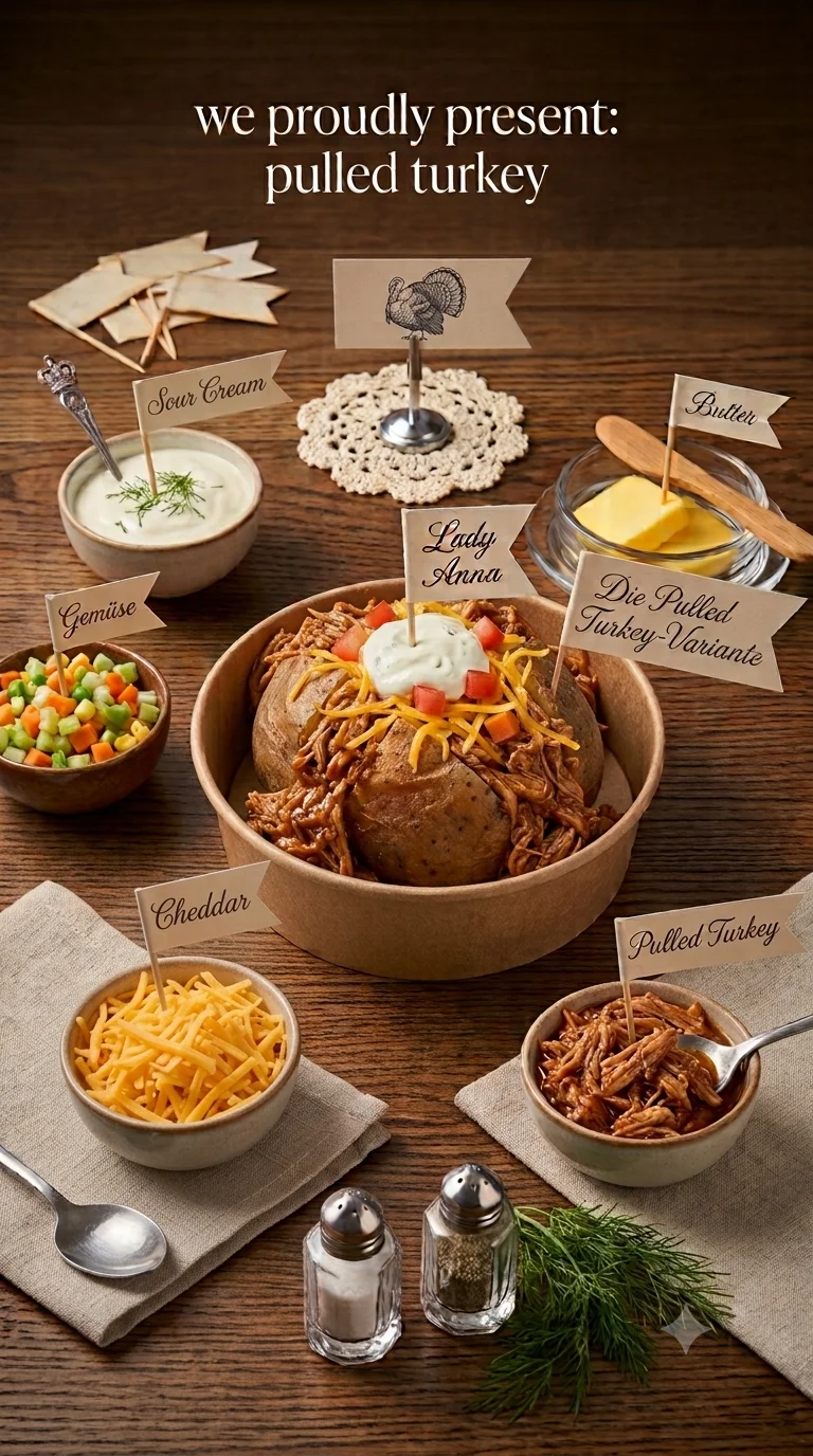 KI-generiertes Konzeptbild: Ofenkartoffel mit Pulled Turkey