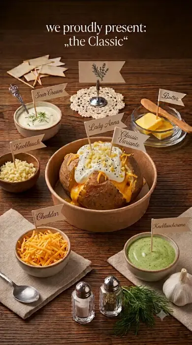 KI-generiertes Konzeptbild: Veggie Classic mit Sour Cream, Cheddar und Knoblauchcreme