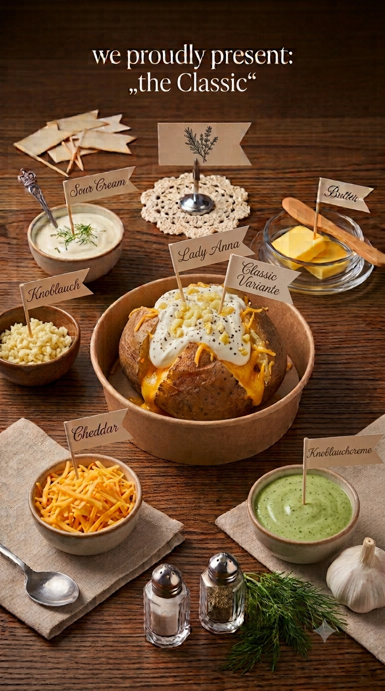 KI-generiertes Konzeptbild: The Classic mit Sour Cream, Cheddar und Knoblauchcreme