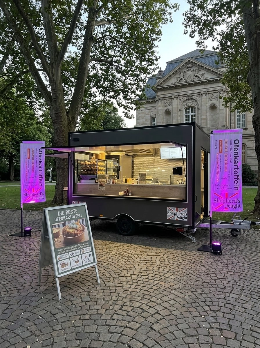 Beleuchteter Foodtrailer bei Dämmerung vor historischer Kulisse