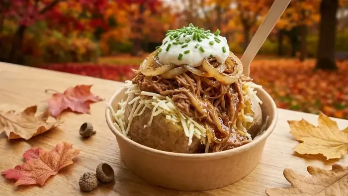 Ofenkartoffel Pulled Pork Deluxe: in Altbier geschmorter Schweinebraten mit Zwiebeln und Krautsalat